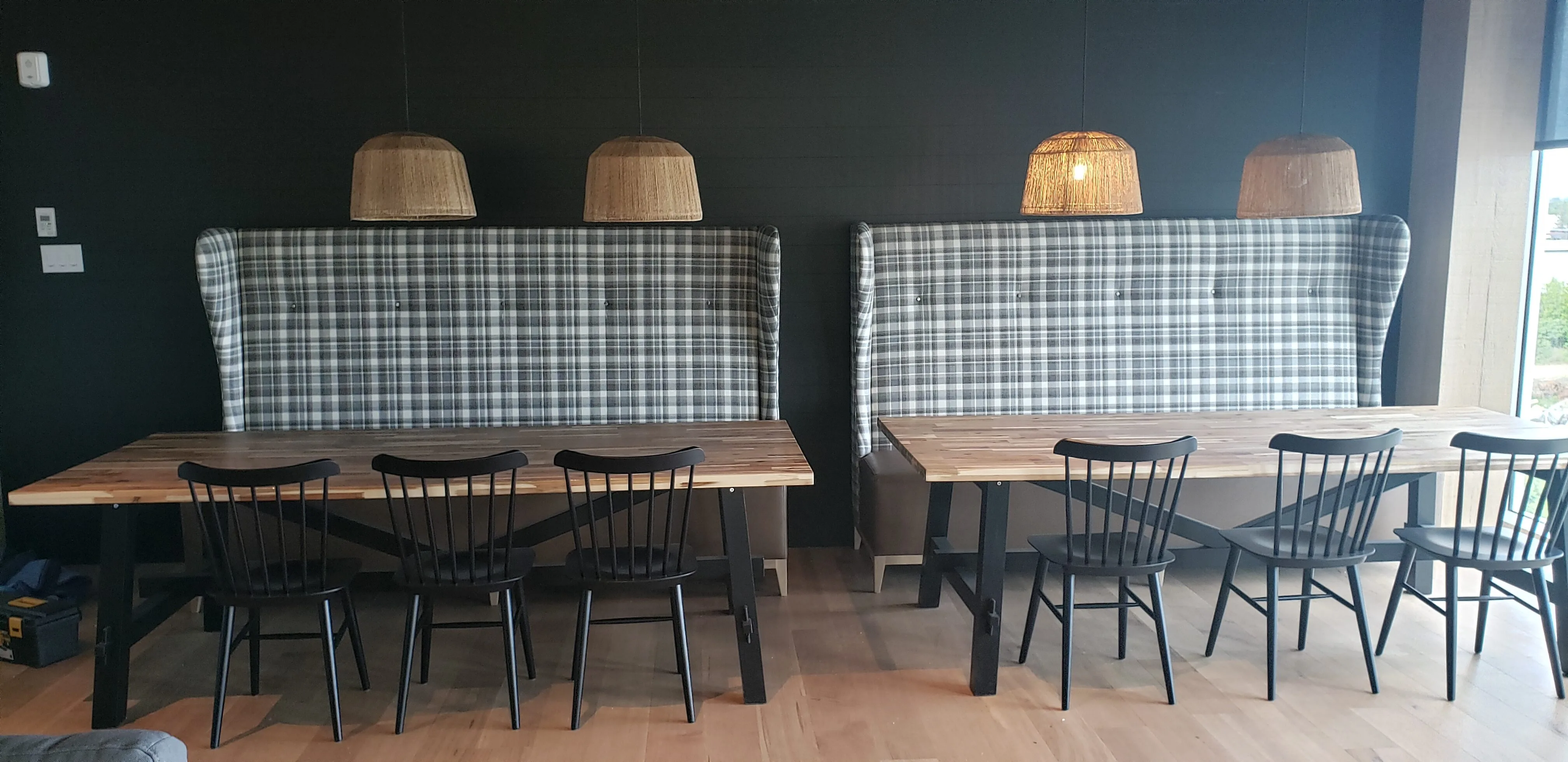 Custom restaurant banquettes built and upholstered by Meubles Ciano