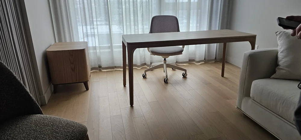 Custom white-oak desk and office furniture by Meubles Ciano