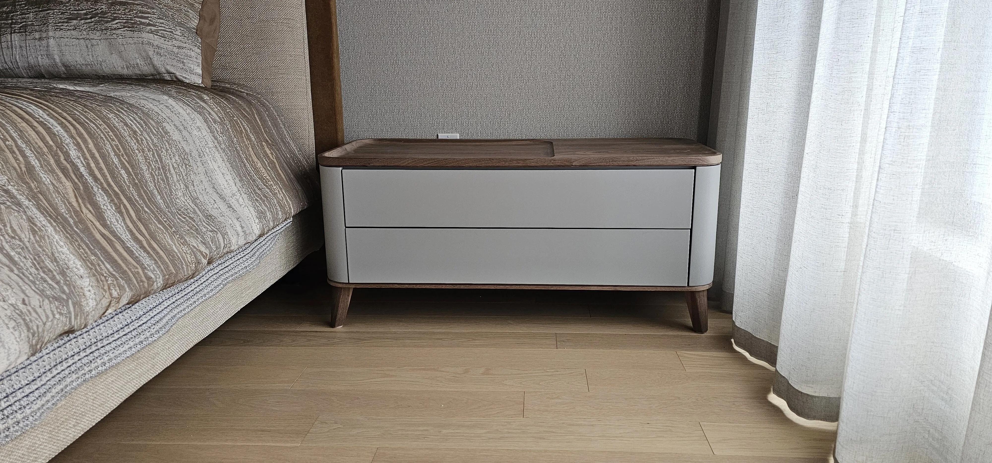 Custom lacquered nightstand with walnut top by Meubles Ciano
