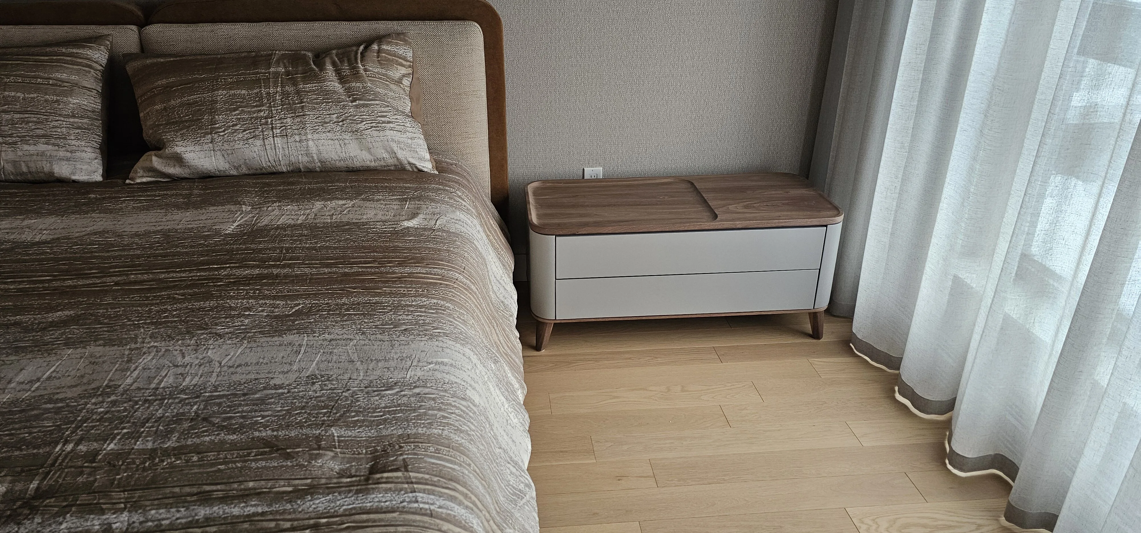 Custom two-tone nightstand with walnut top by Meubles Ciano