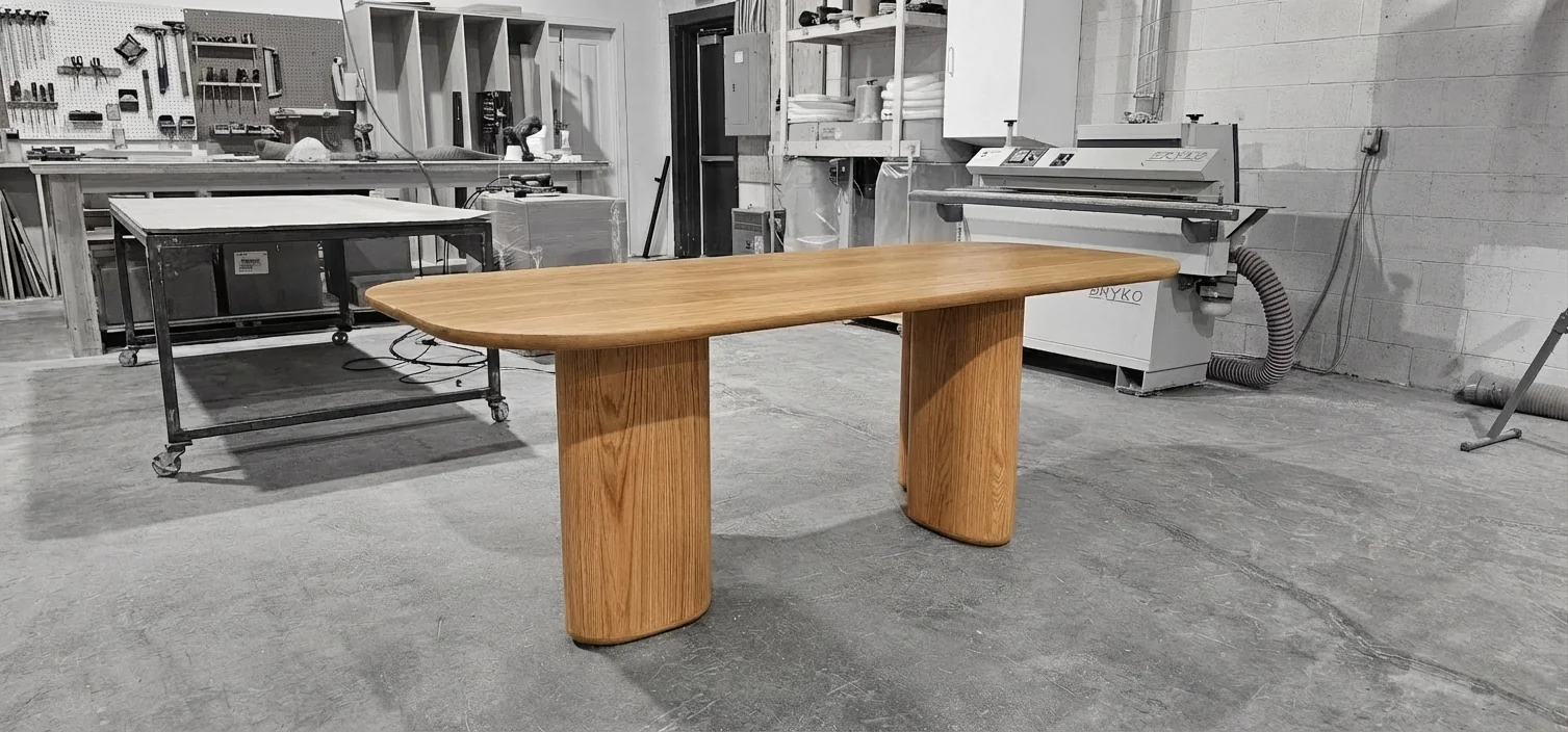 Custom oak dining table in Meubles Ciano workshop