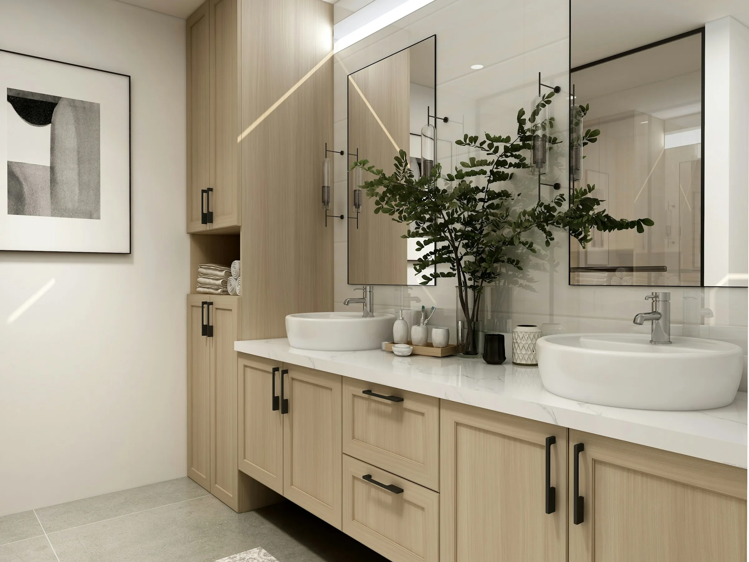 Pale oak double vanity with vessel basins