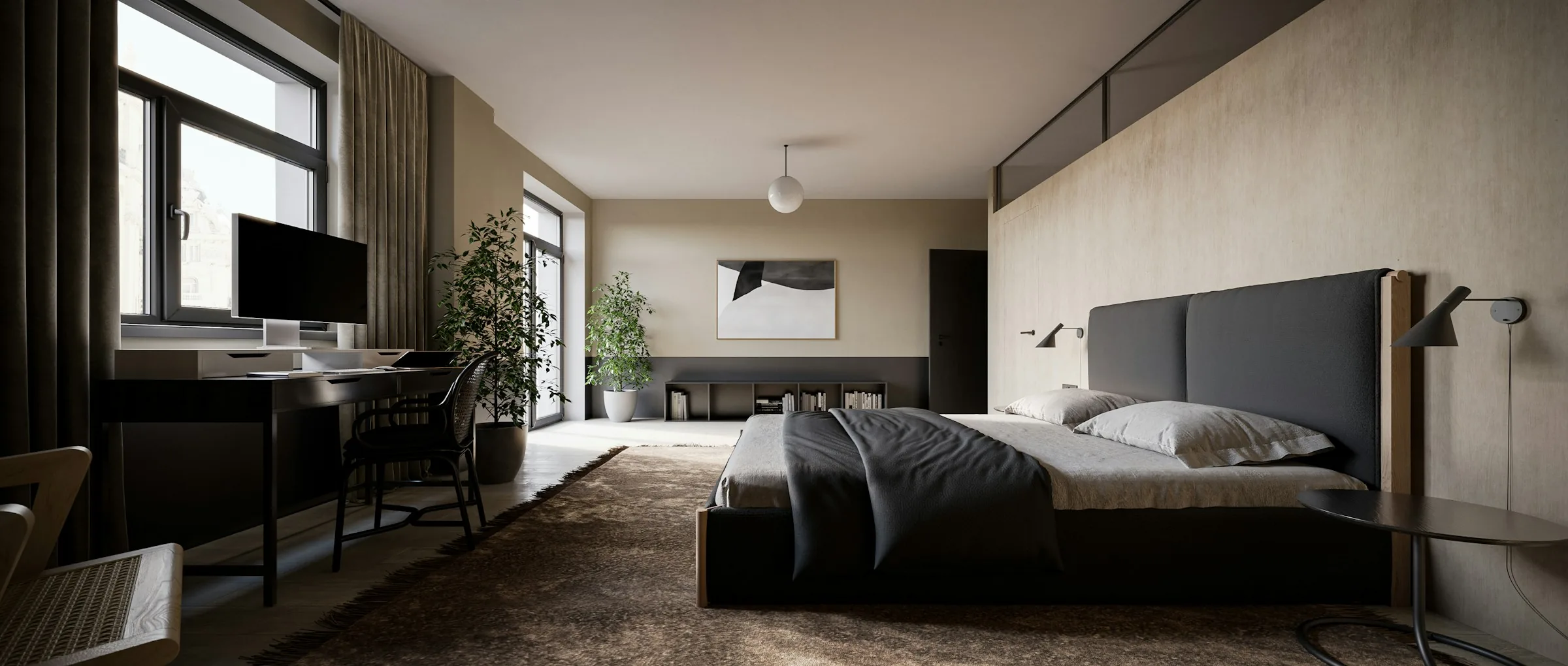 Panelled bedroom with a built-in desk run
