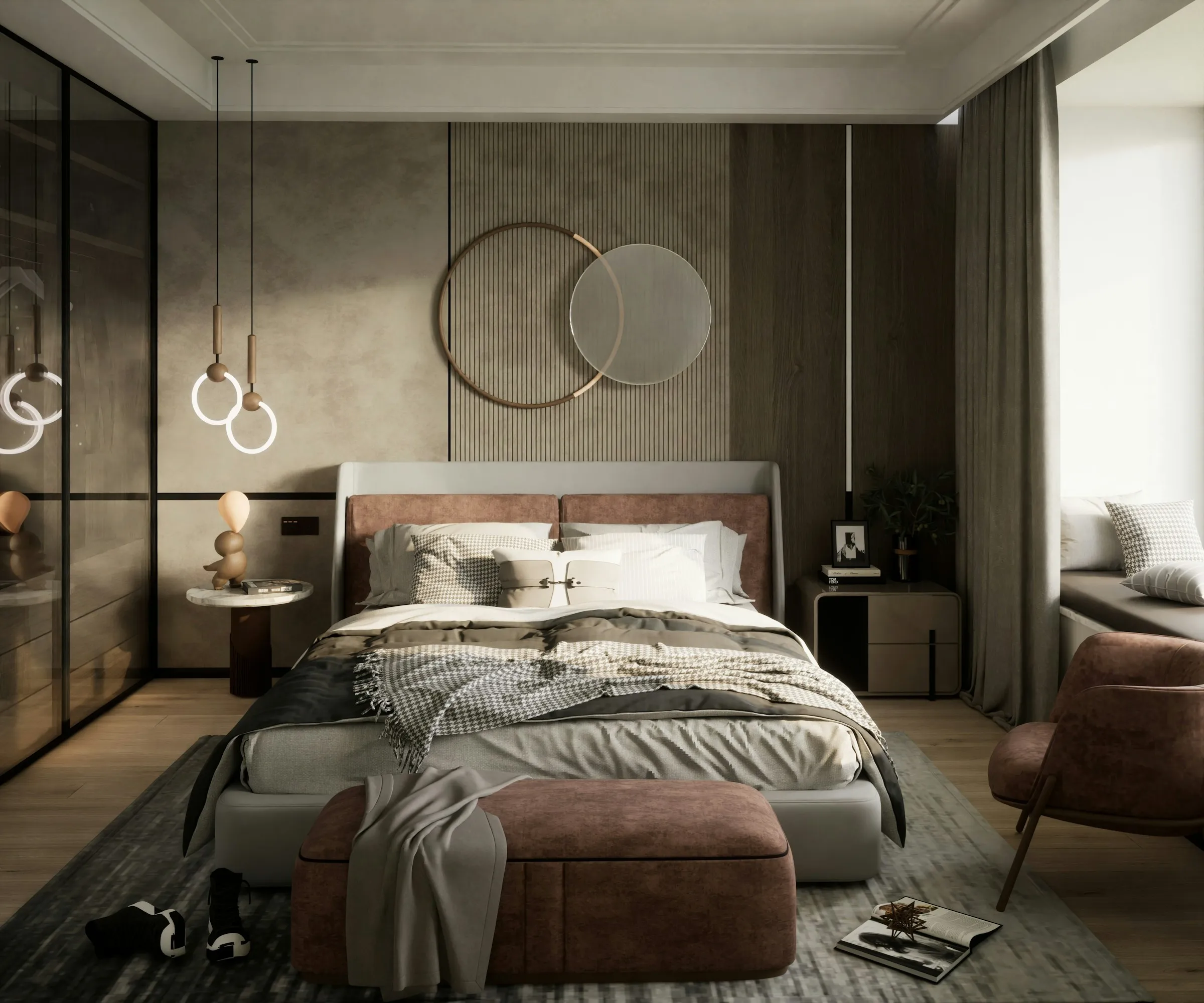 Warm bedroom with smoked-glass wardrobe doors and brass rings