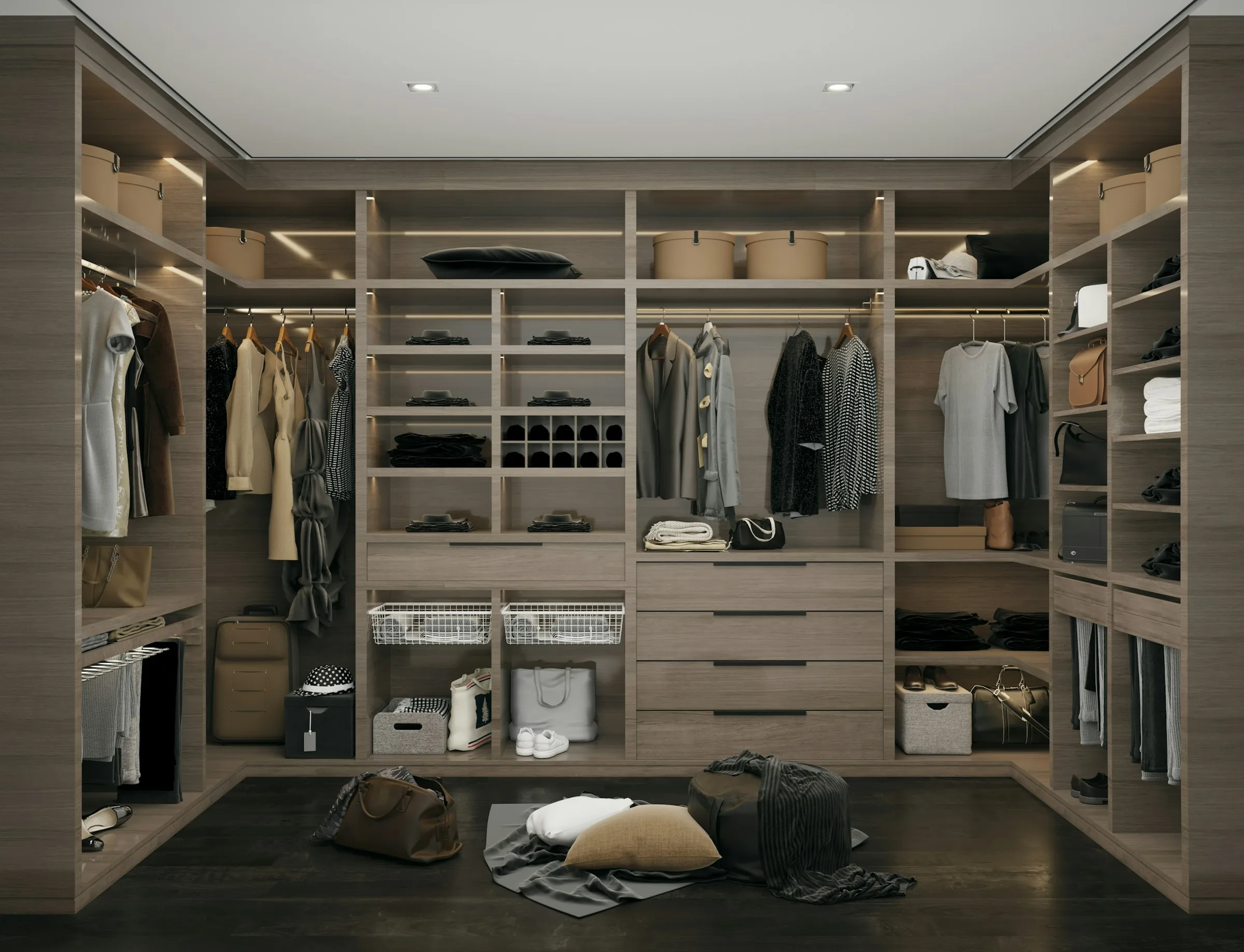 Walk-in closet system with hanging space, drawers and shelving