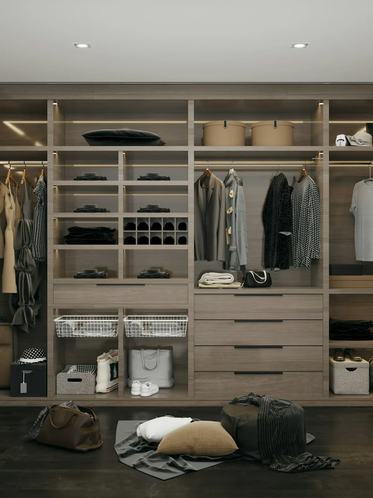 Walk-in closet system with open hanging space, drawers and shelving